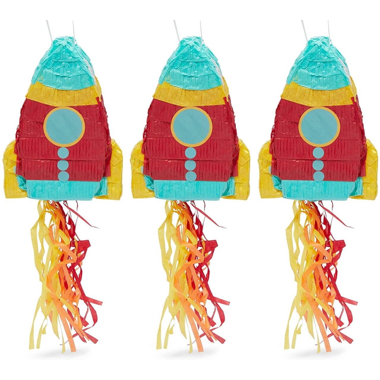 Mini Rocket Ship Pull Piñatas for Outer Space Party (8 x 5.9 x 2.5 In, 3 Pack)